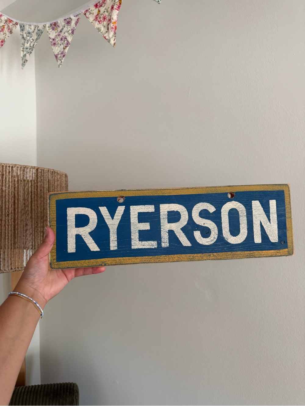 Brandy Melville Blue and White Ryerson Wall Sign with Gold Trim